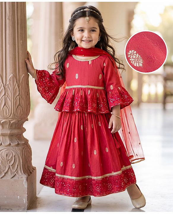 Babyhug Premium 100% Cotton Woven 3/4th Bell Sleeves Lehenga Choli and Dupatta Set With Floral Foil Print in Red