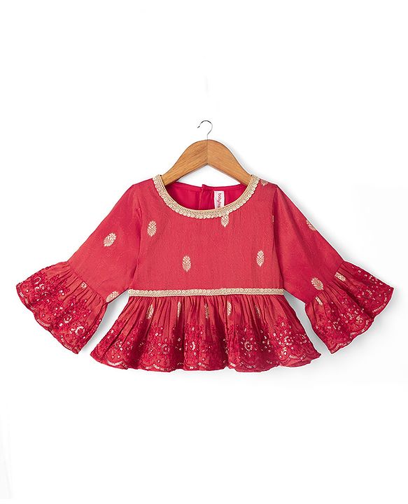 Babyhug Premium 100% Cotton Woven 3/4th Bell Sleeves Lehenga Choli and Dupatta Set With Floral Foil Print in Red
