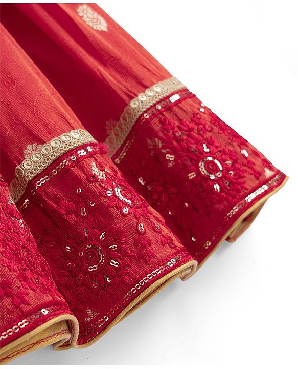 Babyhug Premium 100% Cotton Woven 3/4th Bell Sleeves Lehenga Choli and Dupatta Set With Floral Foil Print in Red