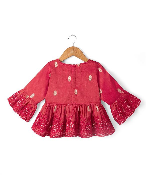 Babyhug Premium 100% Cotton Woven 3/4th Bell Sleeves Lehenga Choli and Dupatta Set With Floral Foil Print in Red
