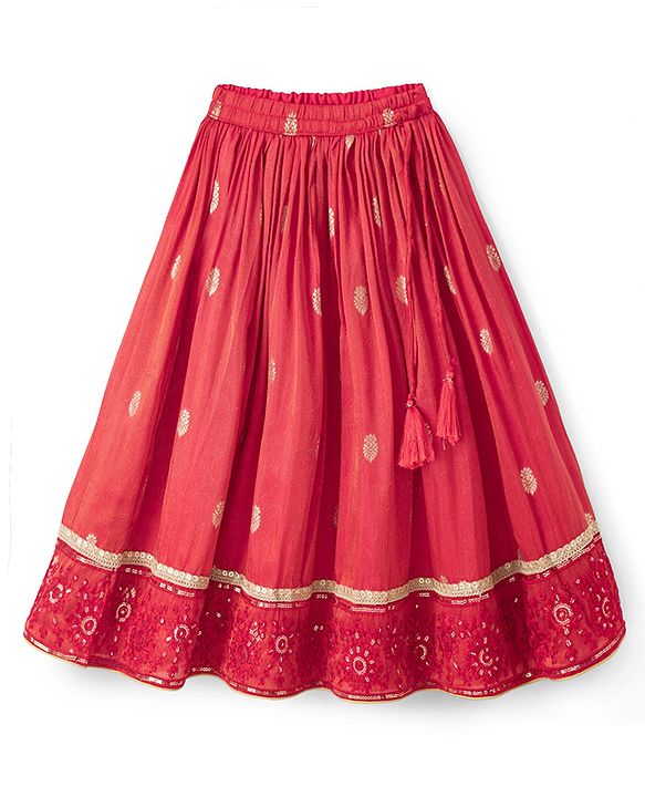 Babyhug Premium 100% Cotton Woven 3/4th Bell Sleeves Lehenga Choli and Dupatta Set With Floral Foil Print in Red