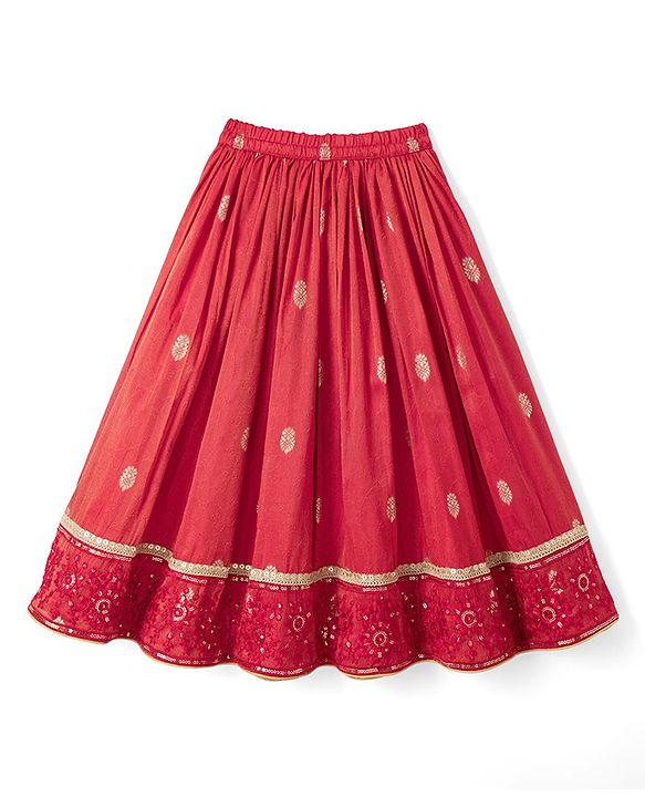 Babyhug Premium 100% Cotton Woven 3/4th Bell Sleeves Lehenga Choli and Dupatta Set With Floral Foil Print in Red