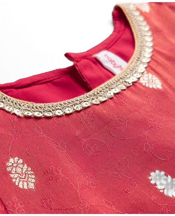 Babyhug Premium 100% Cotton Woven 3/4th Bell Sleeves Lehenga Choli and Dupatta Set With Floral Foil Print in Red