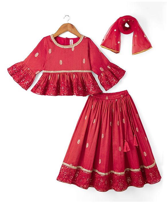 Babyhug Premium 100% Cotton Woven 3/4th Bell Sleeves Lehenga Choli and Dupatta Set With Floral Foil Print in Red