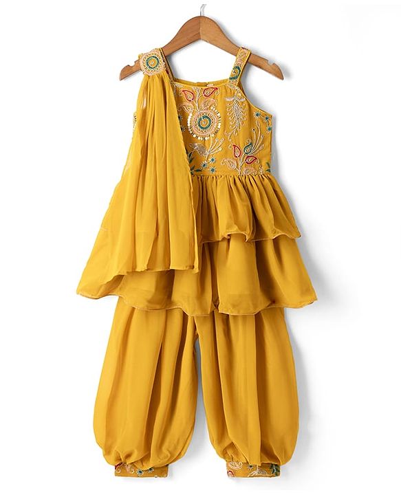Babyhug Georgette Woven Sleeveless Kurta & Salwar Set With Dupatta - Mustard