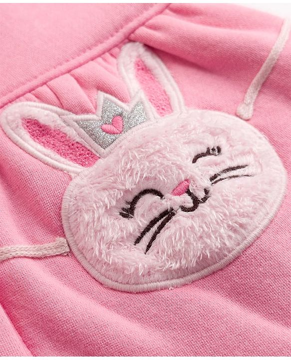 Babyhug Knit Full Sleeves Sweat Jacket with Hood & Bunny Applique - Pink