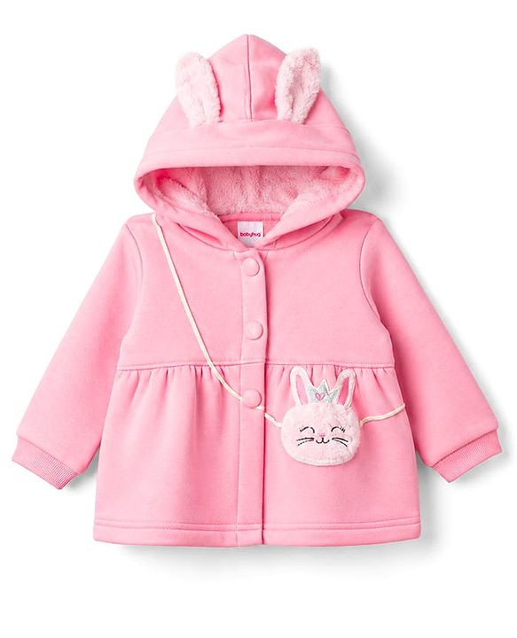 Babyhug Knit Full Sleeves Sweat Jacket with Hood & Bunny Applique - Pink