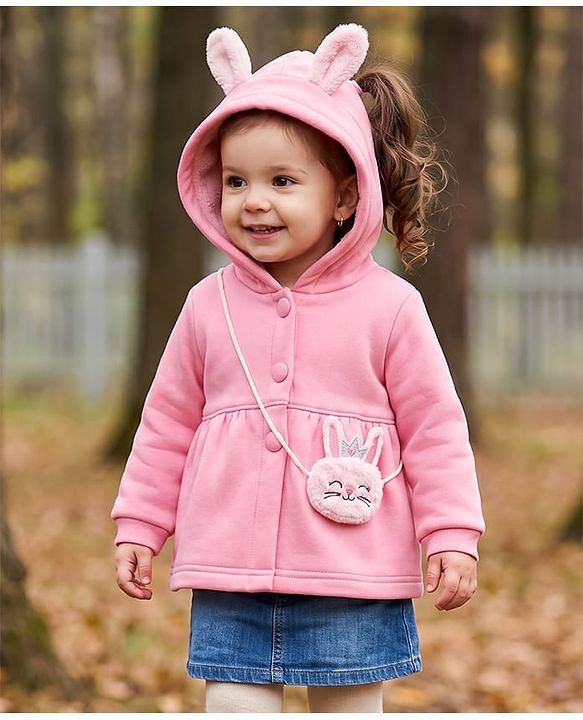 Babyhug Knit Full Sleeves Sweat Jacket with Hood & Bunny Applique - Pink