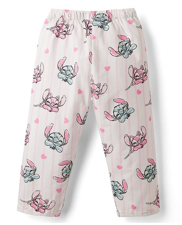 Babyhug Disney Poplin Woven Full Sleeves Co-Ords Shirt & Pyjama Night Suit with Striped & Stitch Graphic - Offwhite
