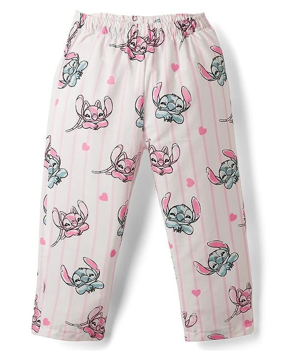 Babyhug Disney Poplin Woven Full Sleeves Co-Ords Shirt & Pyjama Night Suit with Striped & Stitch Graphic - Offwhite