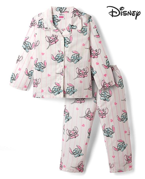 Babyhug Disney Poplin Woven Full Sleeves Co-Ords Shirt & Pyjama Night Suit with Striped & Stitch Graphic - Offwhite