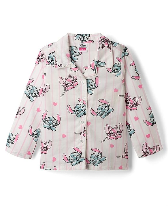 Babyhug Disney Poplin Woven Full Sleeves Co-Ords Shirt & Pyjama Night Suit with Striped & Stitch Graphic - Offwhite