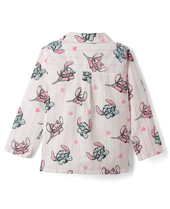 Babyhug Disney Poplin Woven Full Sleeves Co-Ords Shirt & Pyjama Night Suit with Striped & Stitch Graphic - Offwhite