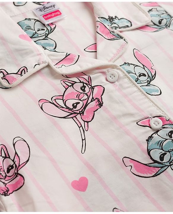 Babyhug Disney Poplin Woven Full Sleeves Co-Ords Shirt & Pyjama Night Suit with Striped & Stitch Graphic - Offwhite