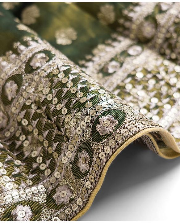 Babyhug Woven Half Sleeves Brocade Floral Zari Embroidered Lehenga Choli and Dupatta Set with Sequin Detailing - Green
