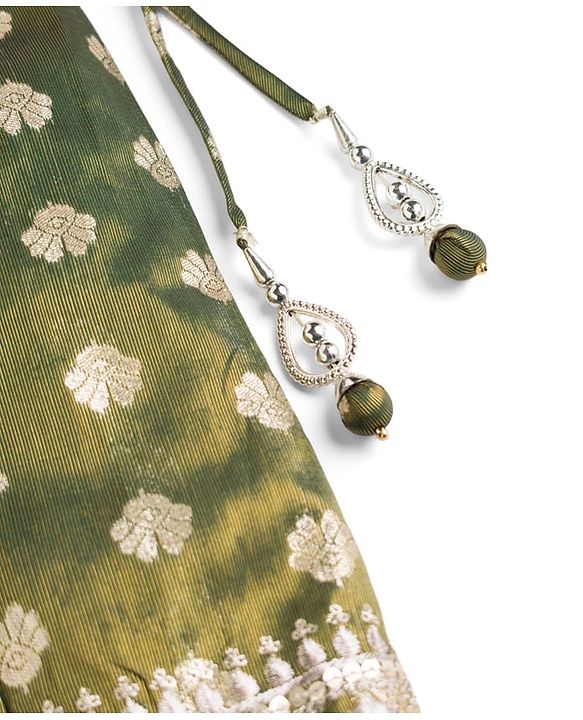 Babyhug Woven Half Sleeves Brocade Floral Zari Embroidered Lehenga Choli and Dupatta Set with Sequin Detailing - Green