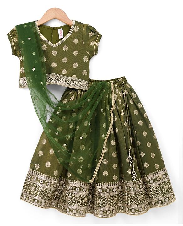 Babyhug Woven Half Sleeves Brocade Floral Zari Embroidered Lehenga Choli and Dupatta Set with Sequin Detailing - Green
