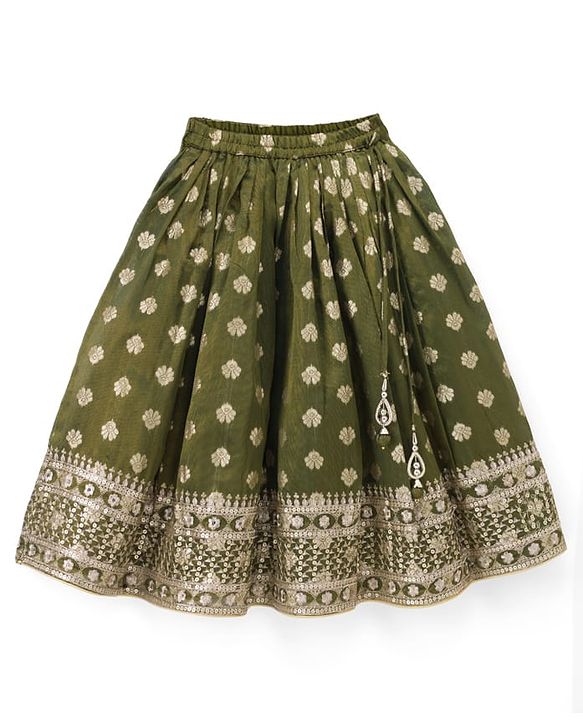 Babyhug Woven Half Sleeves Brocade Floral Zari Embroidered Lehenga Choli and Dupatta Set with Sequin Detailing - Green