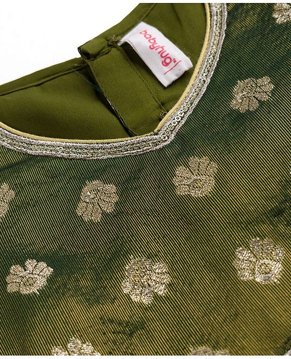 Babyhug Woven Half Sleeves Brocade Floral Zari Embroidered Lehenga Choli and Dupatta Set with Sequin Detailing - Green