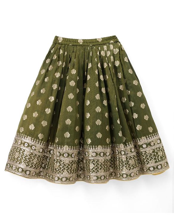 Babyhug Woven Half Sleeves Brocade Floral Zari Embroidered Lehenga Choli and Dupatta Set with Sequin Detailing - Green