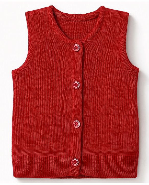 Babyhug Knit Sleeveless Front Open Sweater - Red
