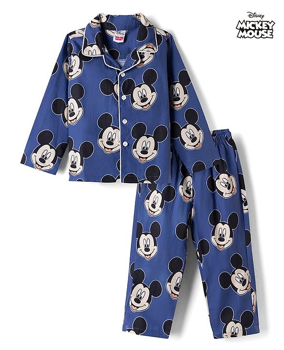 Babyhug Disney 100% Cotton Poplin Woven Full Sleeves Co-ord Shirt & Pajama Night Suit with Mickey Mouse Graphic Print - Navy Blue