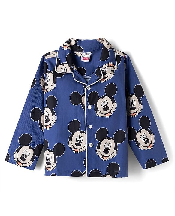 Babyhug Disney 100% Cotton Poplin Woven Full Sleeves Co-ord Shirt & Pajama Night Suit with Mickey Mouse Graphic Print - Navy Blue