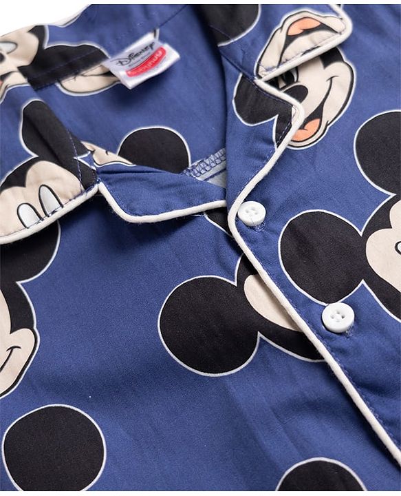 Babyhug Disney 100% Cotton Poplin Woven Full Sleeves Co-ord Shirt & Pajama Night Suit with Mickey Mouse Graphic Print - Navy Blue