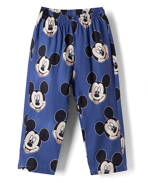 Babyhug Disney 100% Cotton Poplin Woven Full Sleeves Co-ord Shirt & Pajama Night Suit with Mickey Mouse Graphic Print - Navy Blue