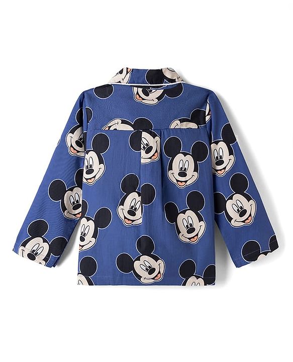 Babyhug Disney 100% Cotton Poplin Woven Full Sleeves Co-ord Shirt & Pajama Night Suit with Mickey Mouse Graphic Print - Navy Blue