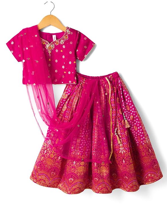 Babyhug Woven Brocade Half Sleeves Printed Choli & Lehenga Set With Dupatta - Fuchsia