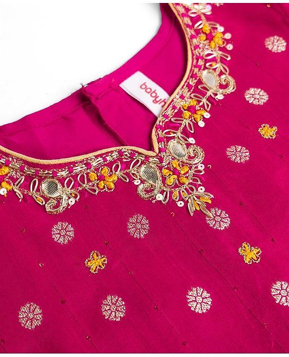 Babyhug Woven Brocade Half Sleeves Printed Choli & Lehenga Set With Dupatta - Fuchsia