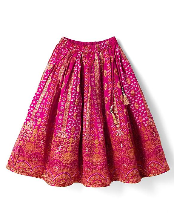 Babyhug Woven Brocade Half Sleeves Printed Choli & Lehenga Set With Dupatta - Fuchsia