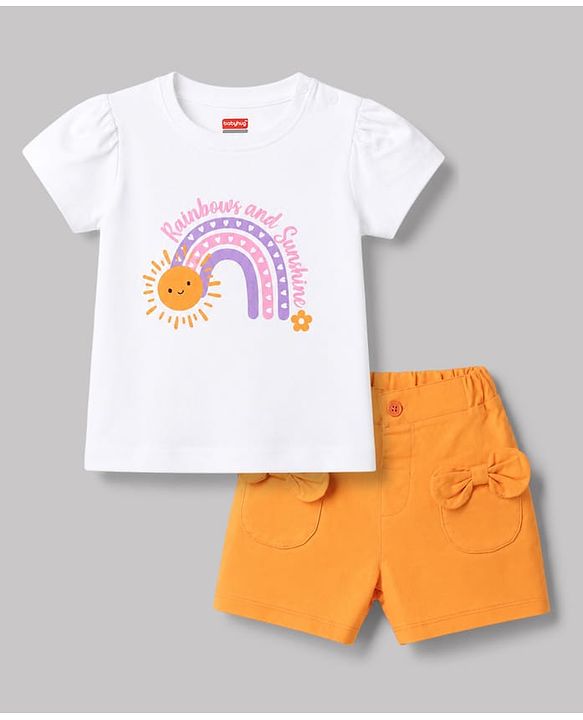 Babyhug 100% Cotton Terry Knit Half Sleeves Top & Shorts Set With Rainbow Print - White & Orange