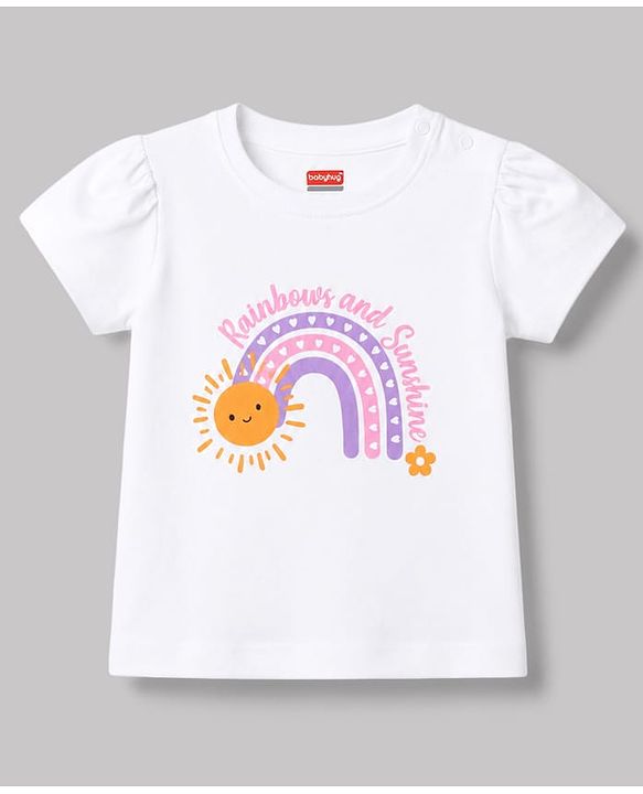 Babyhug 100% Cotton Terry Knit Half Sleeves Top & Shorts Set With Rainbow Print - White & Orange