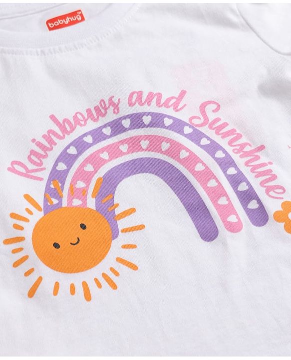 Babyhug 100% Cotton Terry Knit Half Sleeves Top & Shorts Set With Rainbow Print - White & Orange
