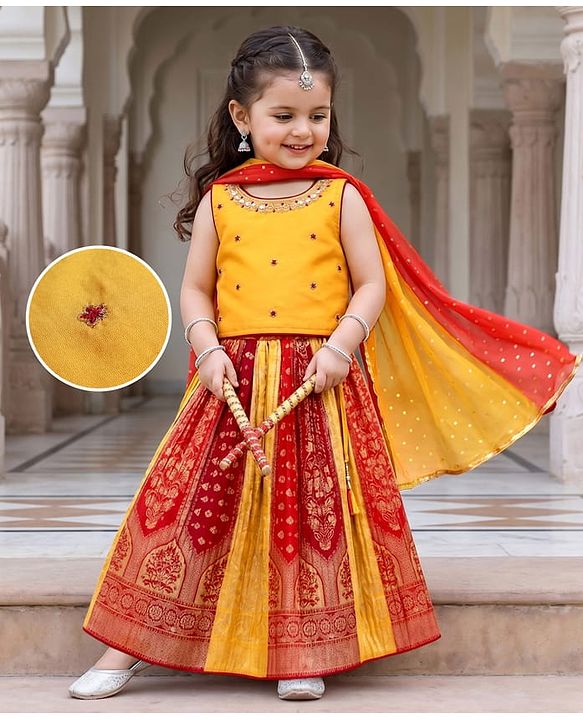 Babyhug Brocade Woven Sleeveless Lehenga Choli & Dupatta Set With Embellishment - Yellow