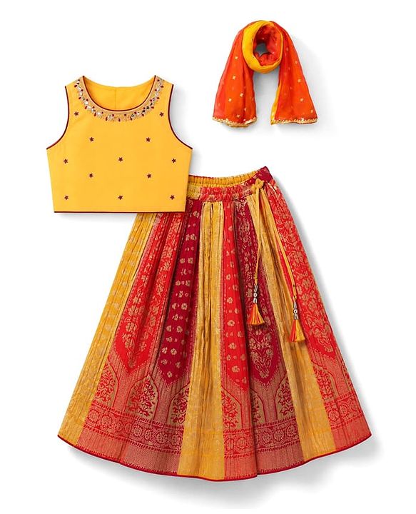 Babyhug Brocade Woven Sleeveless Lehenga Choli & Dupatta Set With Embellishment - Yellow