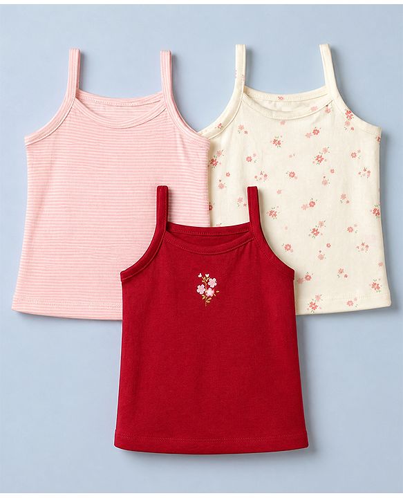 Babyhug 100% Cotton Single Jersey Knit Slips with Floral Print Pack of 3 - White Red Pink