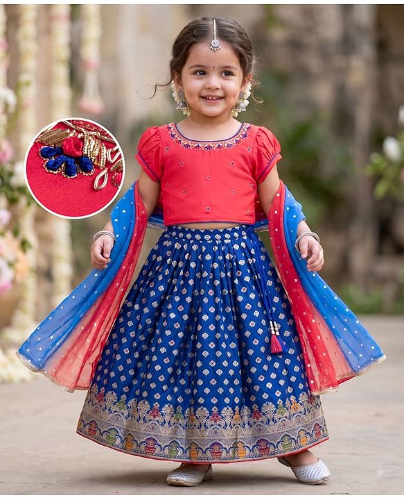 Babyhug Woven Half Sleeves Brocade Floral Zari Embroidered Lehenga Choli and Dupatta Set - Blue