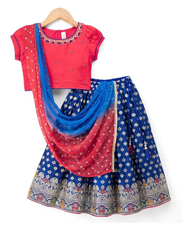 Babyhug Woven Half Sleeves Brocade Floral Zari Embroidered Lehenga Choli and Dupatta Set - Blue