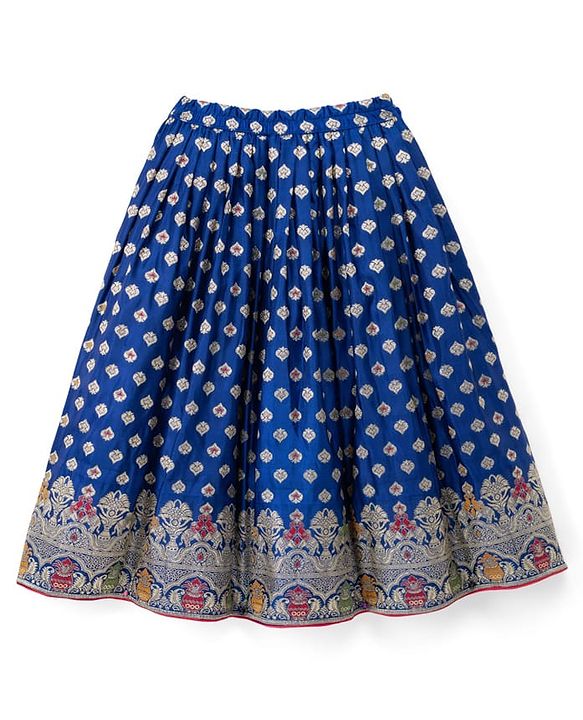 Babyhug Woven Half Sleeves Brocade Floral Zari Embroidered Lehenga Choli and Dupatta Set - Blue