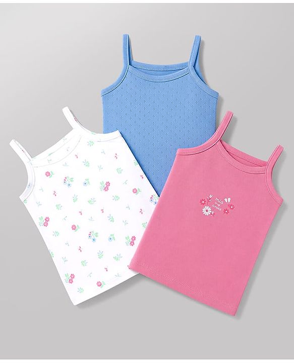Babyhug 100% Cotton Single Jersey Knit Sleeveless Slips With Floral Print Pack of 3 - White, Blue & Pink