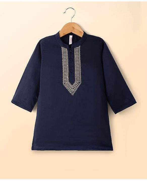 Babyhug Cotton Blend Full Sleeves Kurta and Pyjama Set with Geometric Embroidery in Navy Blue for 3-6 Months