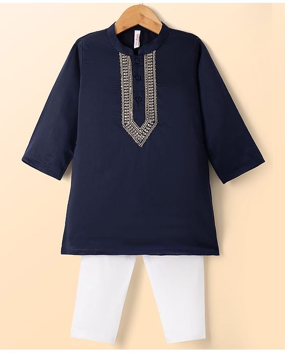 Babyhug Cotton Blend Full Sleeves Kurta and Pyjama Set with Geometric Embroidery in Navy Blue for 3-6 Months