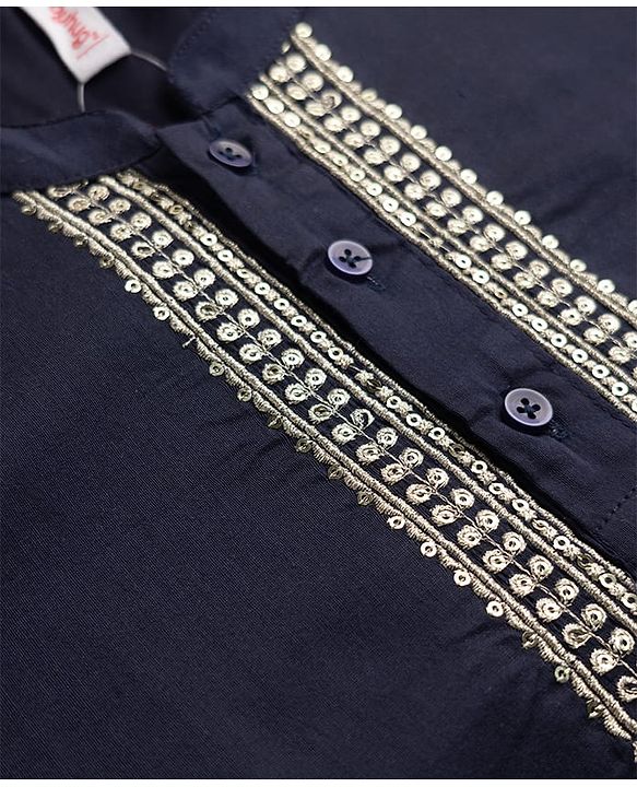 Babyhug Cotton Blend Full Sleeves Kurta and Pyjama Set with Geometric Embroidery in Navy Blue for 3-6 Months