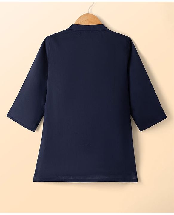 Babyhug Cotton Blend Full Sleeves Kurta and Pyjama Set with Geometric Embroidery in Navy Blue for 3-6 Months