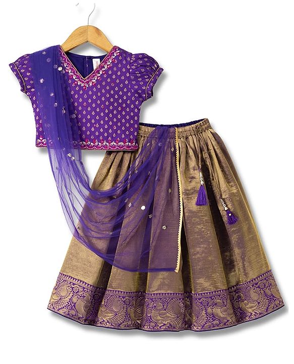 Babyhug Woven Brocade Half Sleeves Printed Choli & Lehenga Set With Dupatta - Purple