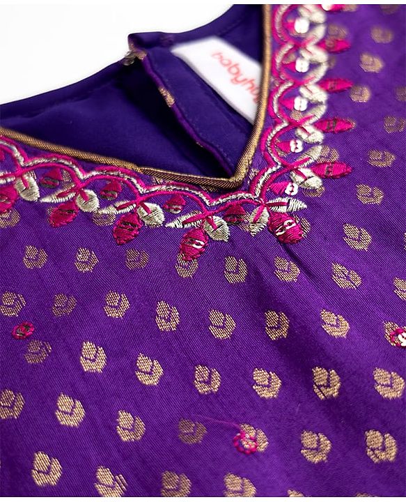 Babyhug Woven Brocade Half Sleeves Printed Choli & Lehenga Set With Dupatta - Purple