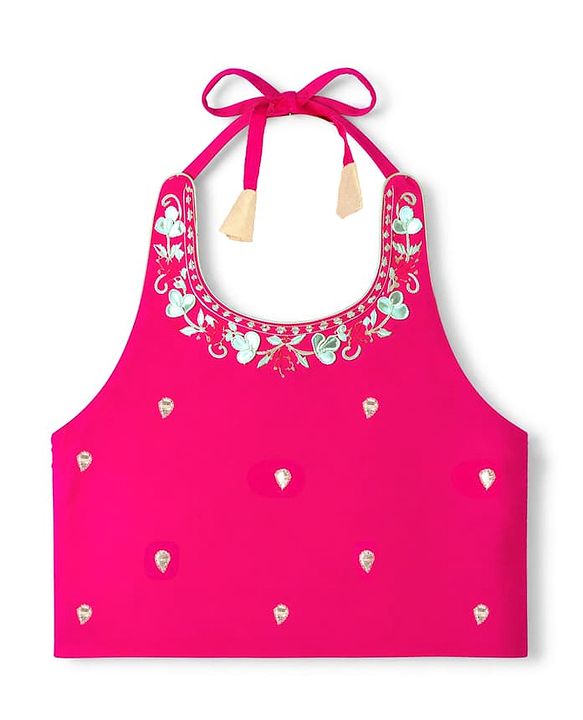 Babyhug Woven Sleeveless Brocade Floral Foil Print Lehenga Choli and Dupatta Set - Fuchsia